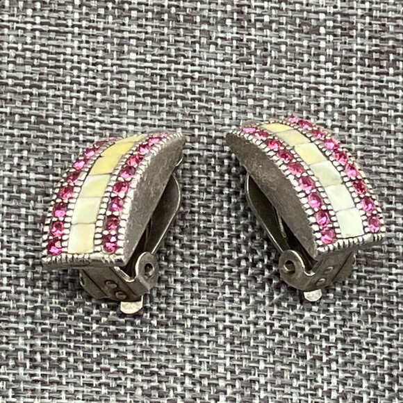 Vintage Clip-On Earrings 1 In Pink Rhinestones MOP Inlay Retro Bling Glam Curve - Picture 8 of 8